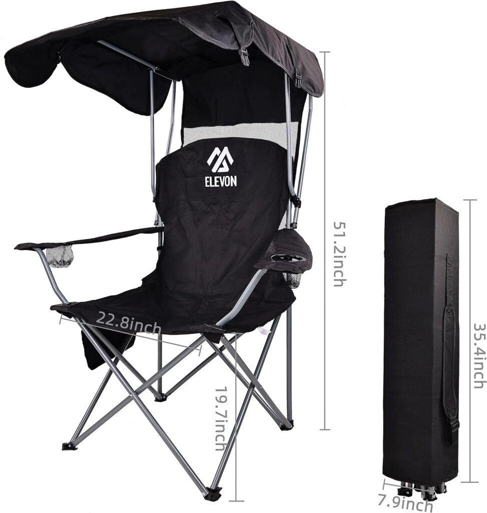 Camp Chairs with Shade Canopy Chair Folding Camping Recliner Support with Carrying Bag, Black