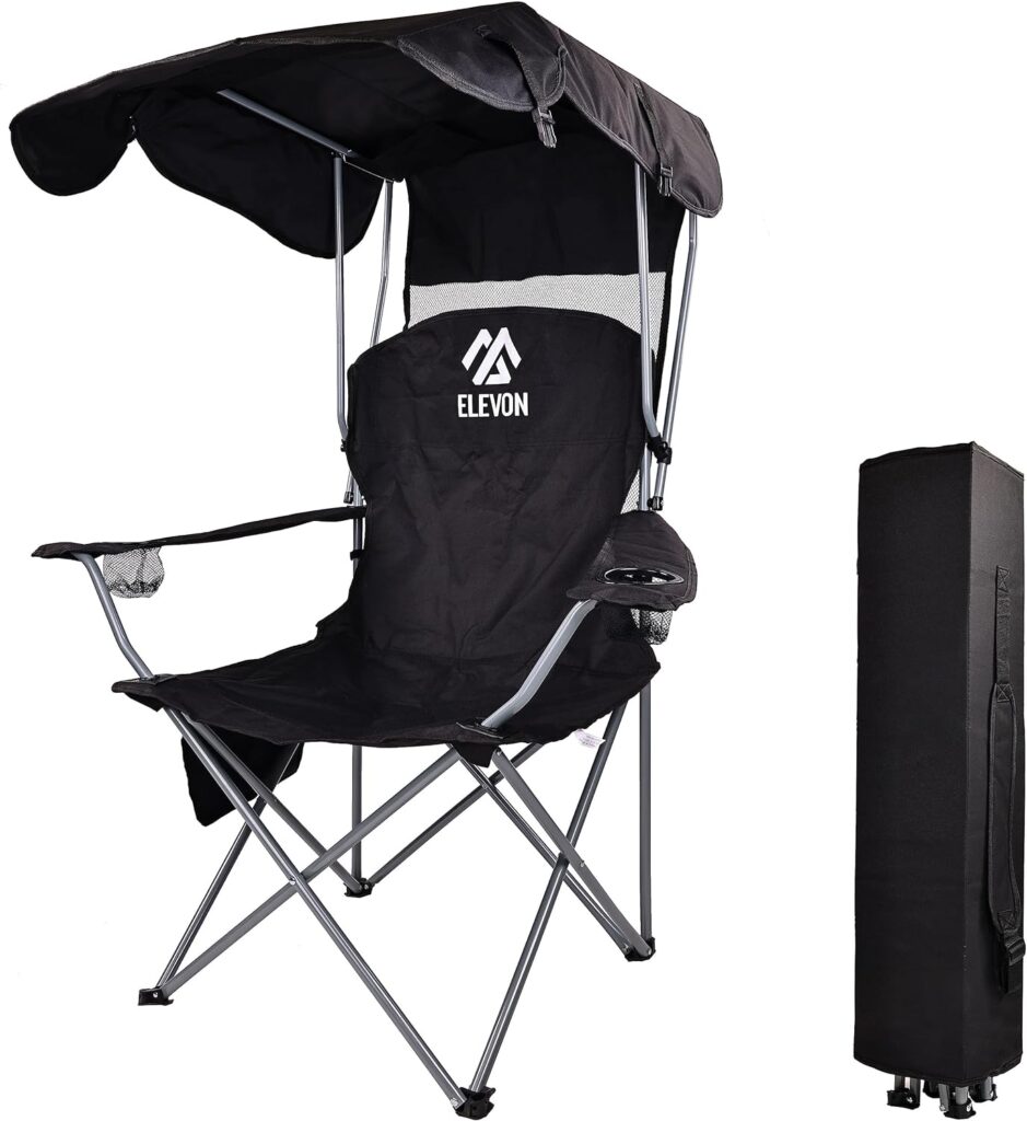 Camp Chairs with Shade Canopy Chair Folding Camping Recliner Support with Carrying Bag, Black