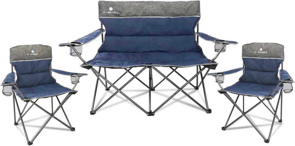 Camping Chair Set of 3, Outdoor Folding Camping Chairs Heavy Duty Lawn Chair with Cup Holder  Carry Bag,Collapsible Chair Include One Sofa Chair and Two Single Chair,Support up to 500lbs