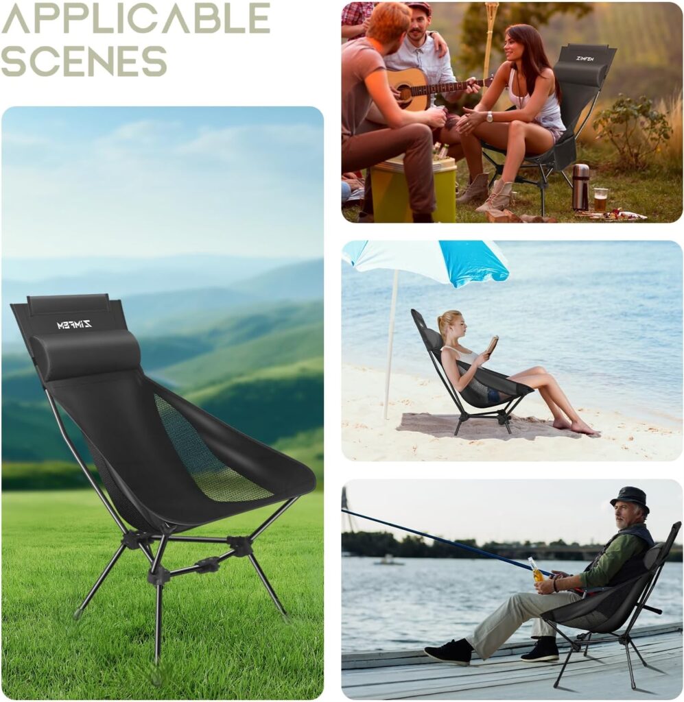 Camping Chairs, Portable Camping Chair with Headrest and Storage Bag, Lightweight Foldable Chair for Outside Camping, Hiking, Travel, Beach and Sports