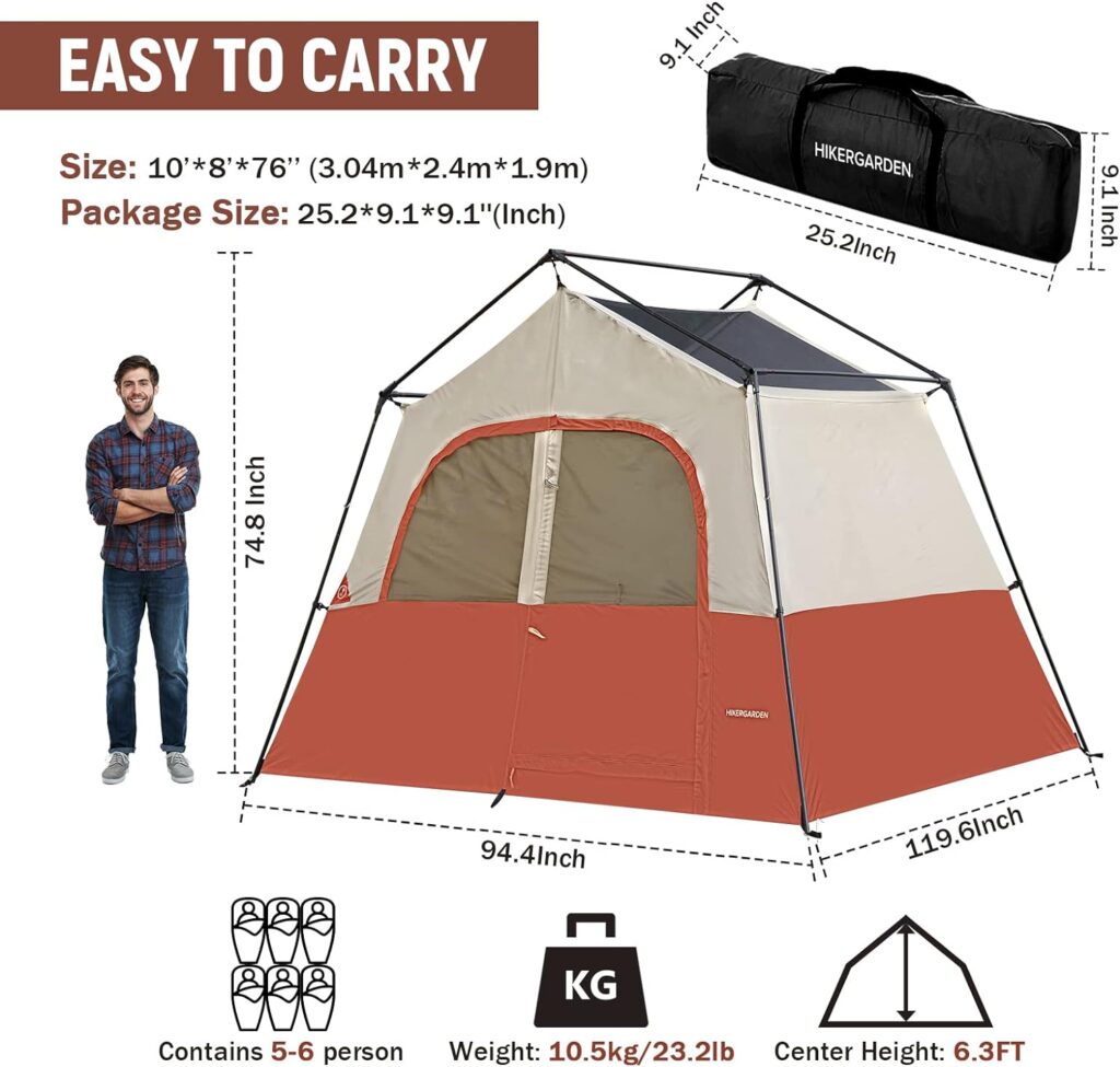 HIKERGARDEN 6 Person Camping Tent - Portable Easy Set Up Family Tent for Camp, Windproof Fabric Cabin Tent Outdoor for Hiking, Backpacking, Traveling