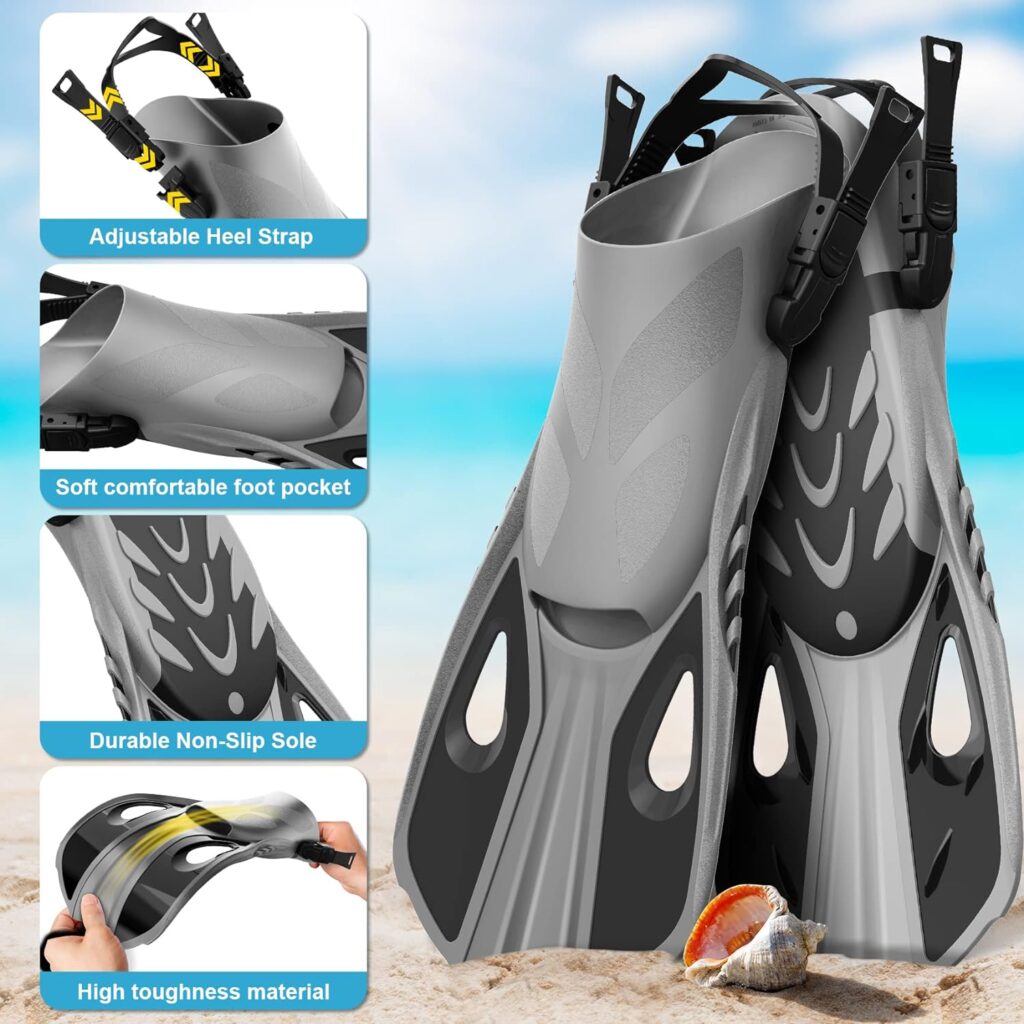 Mask Fin Snorkel Set, Snorkeling Gear for Adults with Panoramic View Mask, Dry Top Snorkel, Adjustable Swim Fins and Travel Bag, Man Woman Snorkel Gear for Swimming Snorkeling Diving