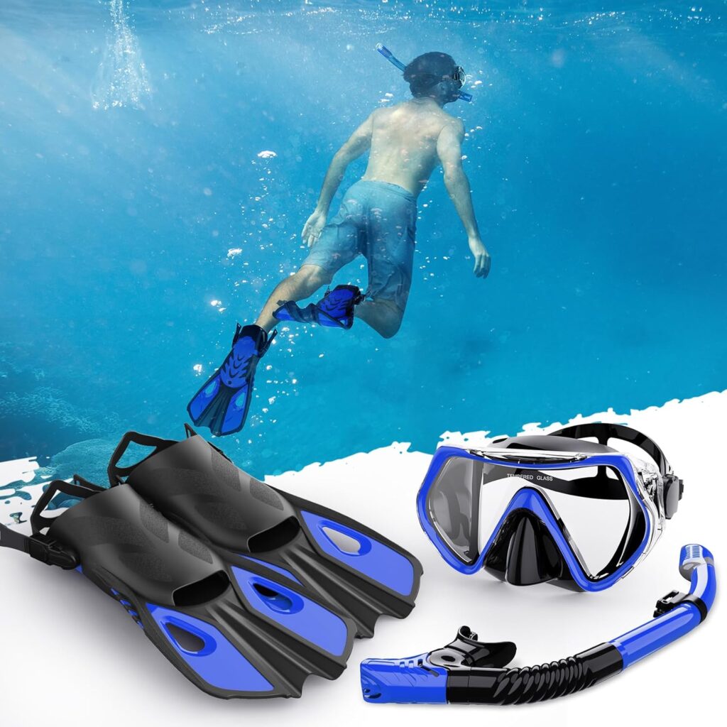 Mask Fin Snorkel Set, Snorkeling Gear for Adults with Panoramic View Mask, Dry Top Snorkel, Adjustable Swim Fins and Travel Bag, Man Woman Snorkel Gear for Swimming Snorkeling Diving