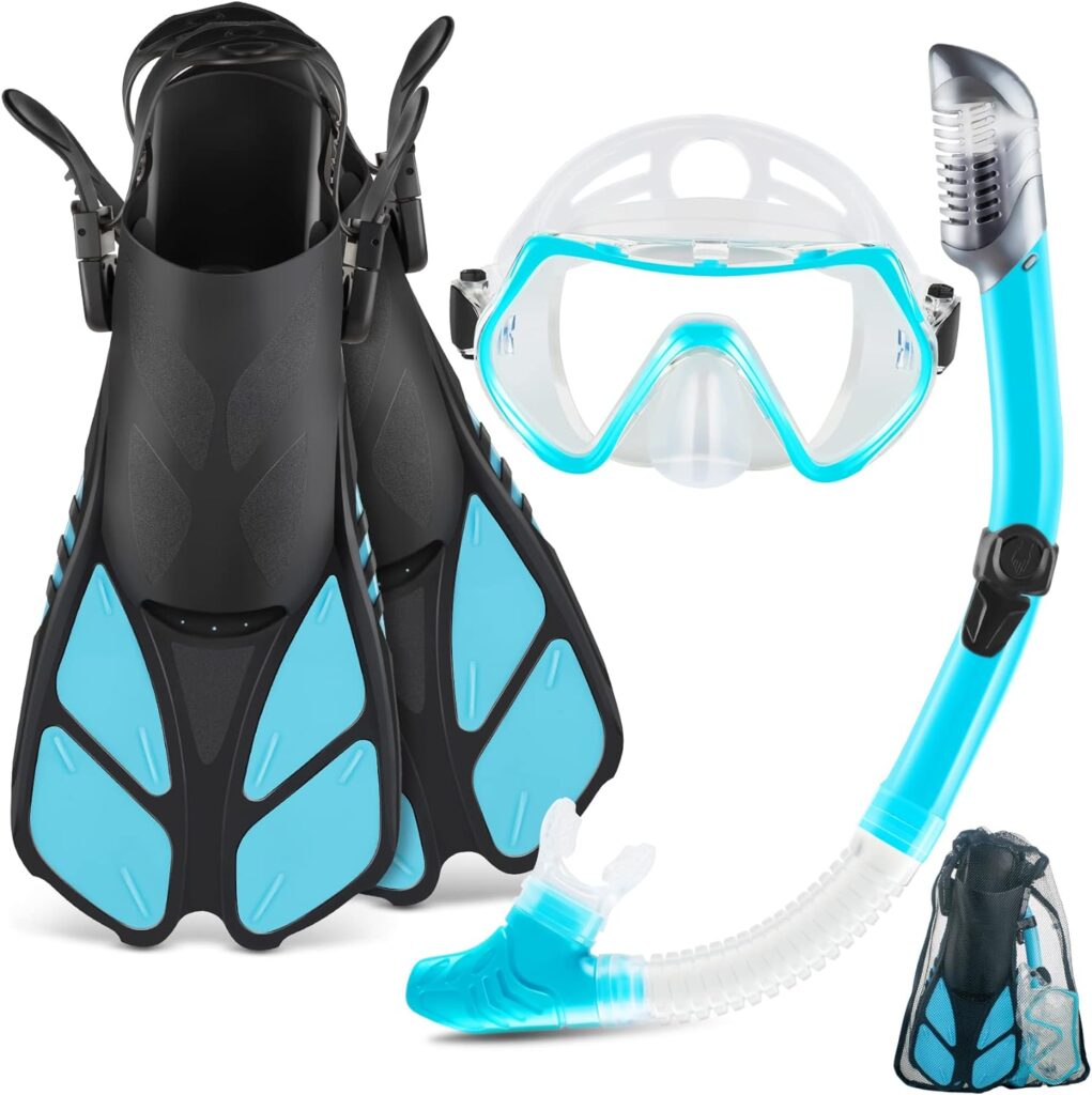 Mask Fin Snorkel Set, Travel Size Snorkeling Gear for Adults with Panoramic View Anti-Fog Mask, Trek Fins, Dry Top Snorkel and Gear Bag for Swimming Training, Snorkeling Kit Diving Packages