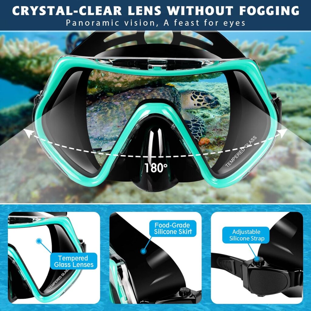 Mask Fin Snorkel Set, Travel Size Snorkeling Gear for Adults with Panoramic View Anti-Fog Mask, Trek Fins, Dry Top Snorkel and Gear Bag for Swimming Training, Snorkeling Kit Diving Packages