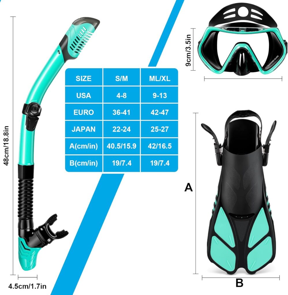 Mask Fin Snorkel Set, Travel Size Snorkeling Gear for Adults with Panoramic View Anti-Fog Mask, Trek Fins, Dry Top Snorkel and Gear Bag for Swimming Training, Snorkeling Kit Diving Packages