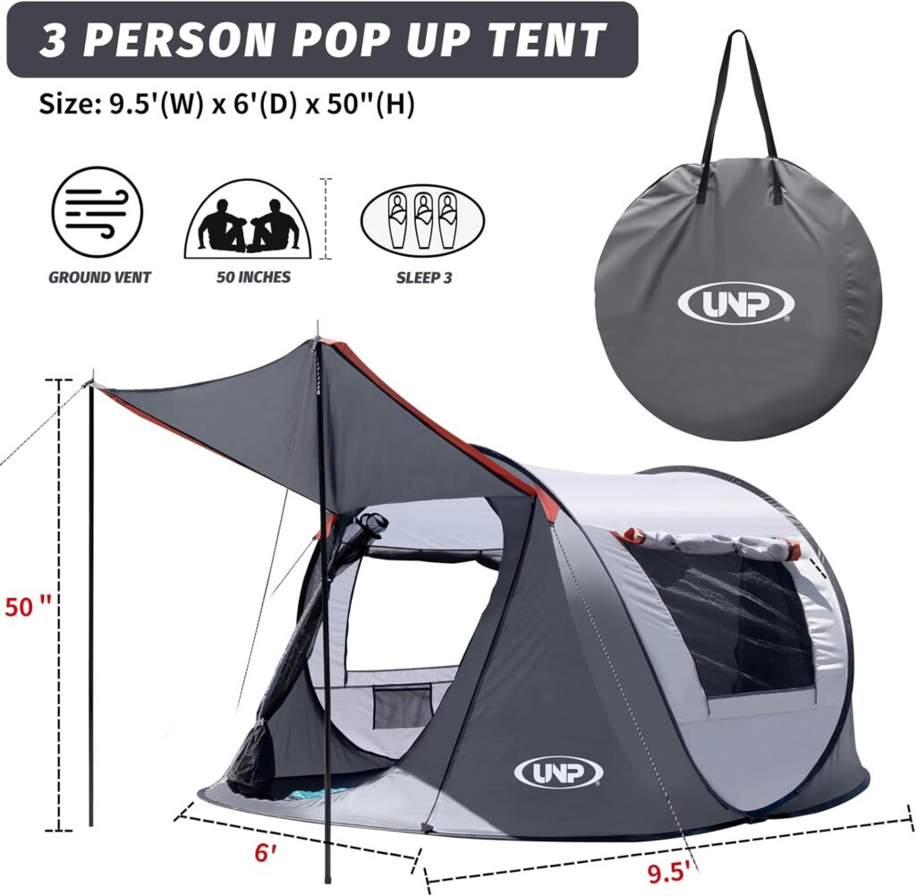 Pop-up Tent, 3 Person Camping Tent, Instant Portable Beach Tent, Easy Pop Up Shade Tents 2 Doors for Camping Hiking  Traveling with Carrying Bag