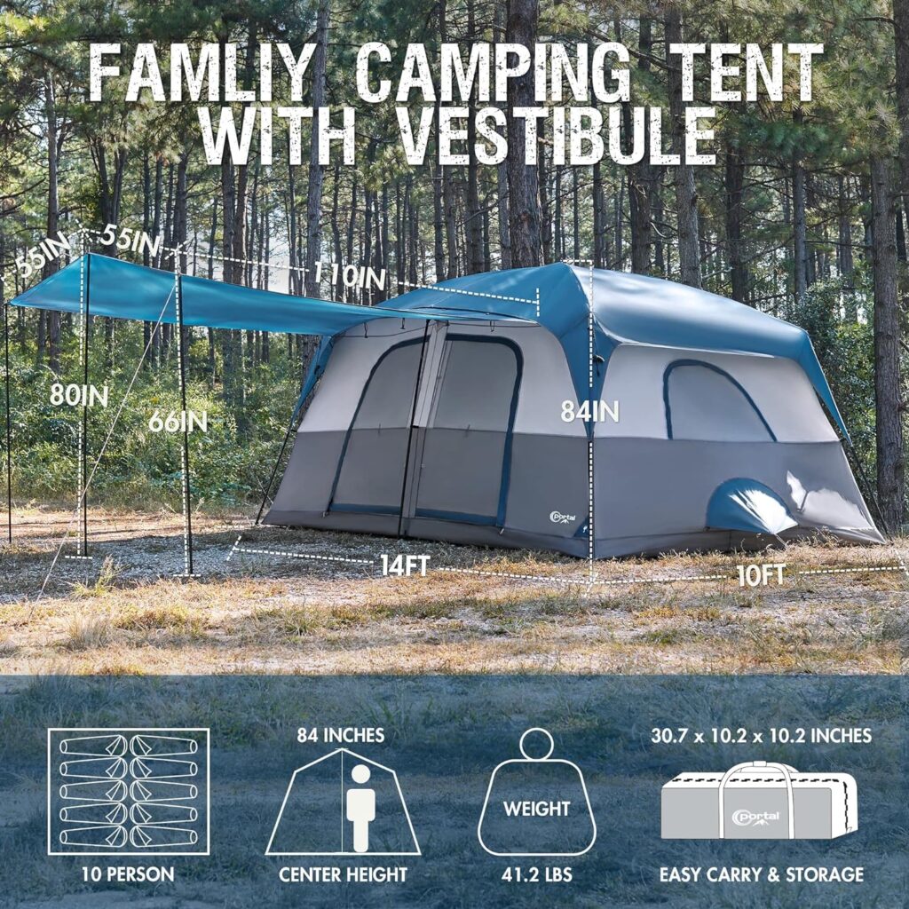 PORTAL 10 Person Camping Tent with Porch, Big Family Cabin Tent with 2 Rooms, 2 Doors, 2 Ground Vents, 6 Large Mesh Windows, Divided Curtain for Camping, Outdoor, Traveling, Water Resistant