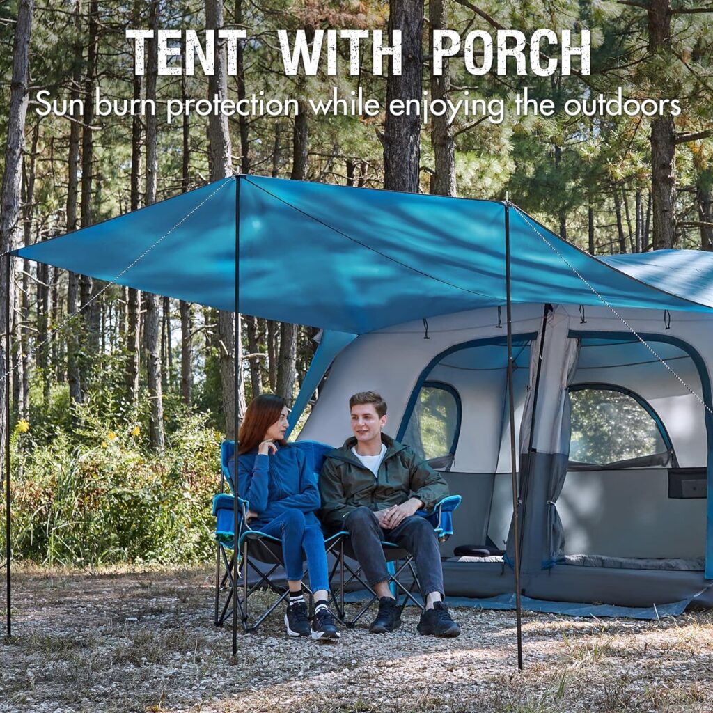 PORTAL 10 Person Camping Tent with Porch, Big Family Cabin Tent with 2 Rooms, 2 Doors, 2 Ground Vents, 6 Large Mesh Windows, Divided Curtain for Camping, Outdoor, Traveling, Water Resistant