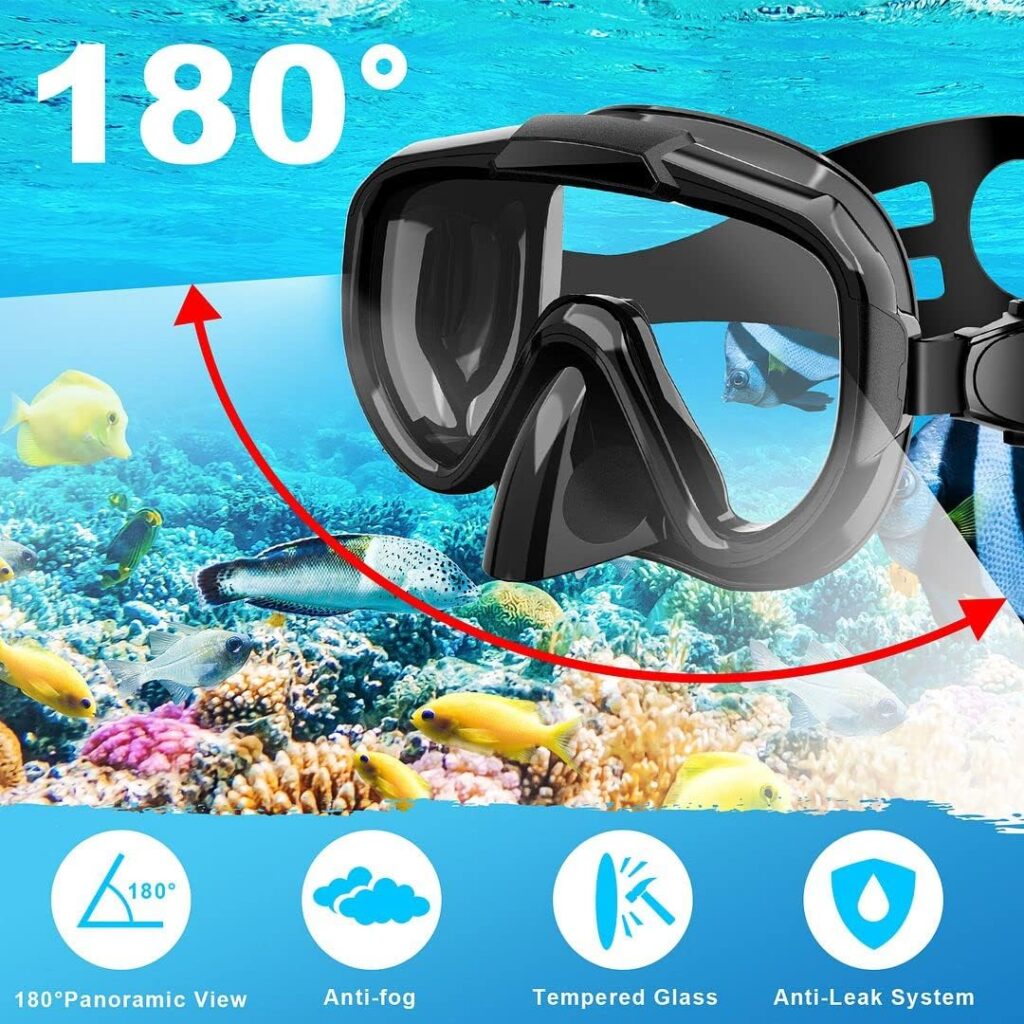 Snorkel Set, Zipoute Snorkel Dry Top Snorkeling Gear for Adults, Panoramic Anti-Leak and Anti-Fog Tempered Glass Lens, Adults Adjustable Snorkeling Set, Scuba Diving Swimming Training Snorkel Kit