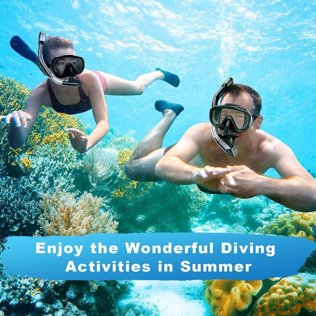 Snorkel Set, Zipoute Snorkel Dry Top Snorkeling Gear for Adults, Panoramic Anti-Leak and Anti-Fog Tempered Glass Lens, Adults Adjustable Snorkeling Set, Scuba Diving Swimming Training Snorkel Kit