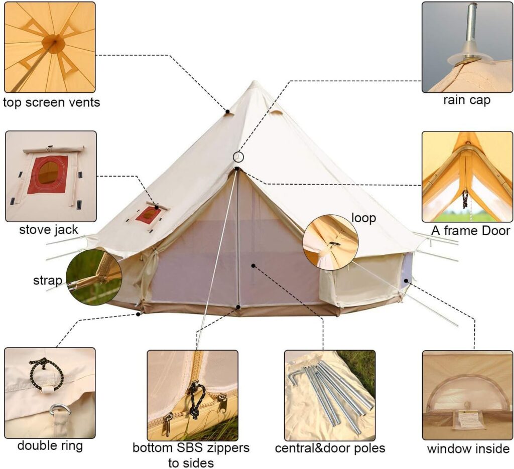 UNISTRENGH 4 Season Large Waterproof Cotton Canvas Bell Tent Beige Glamping Tent with Roof Stove Jack Hole for Camping Hiking Christmas Party