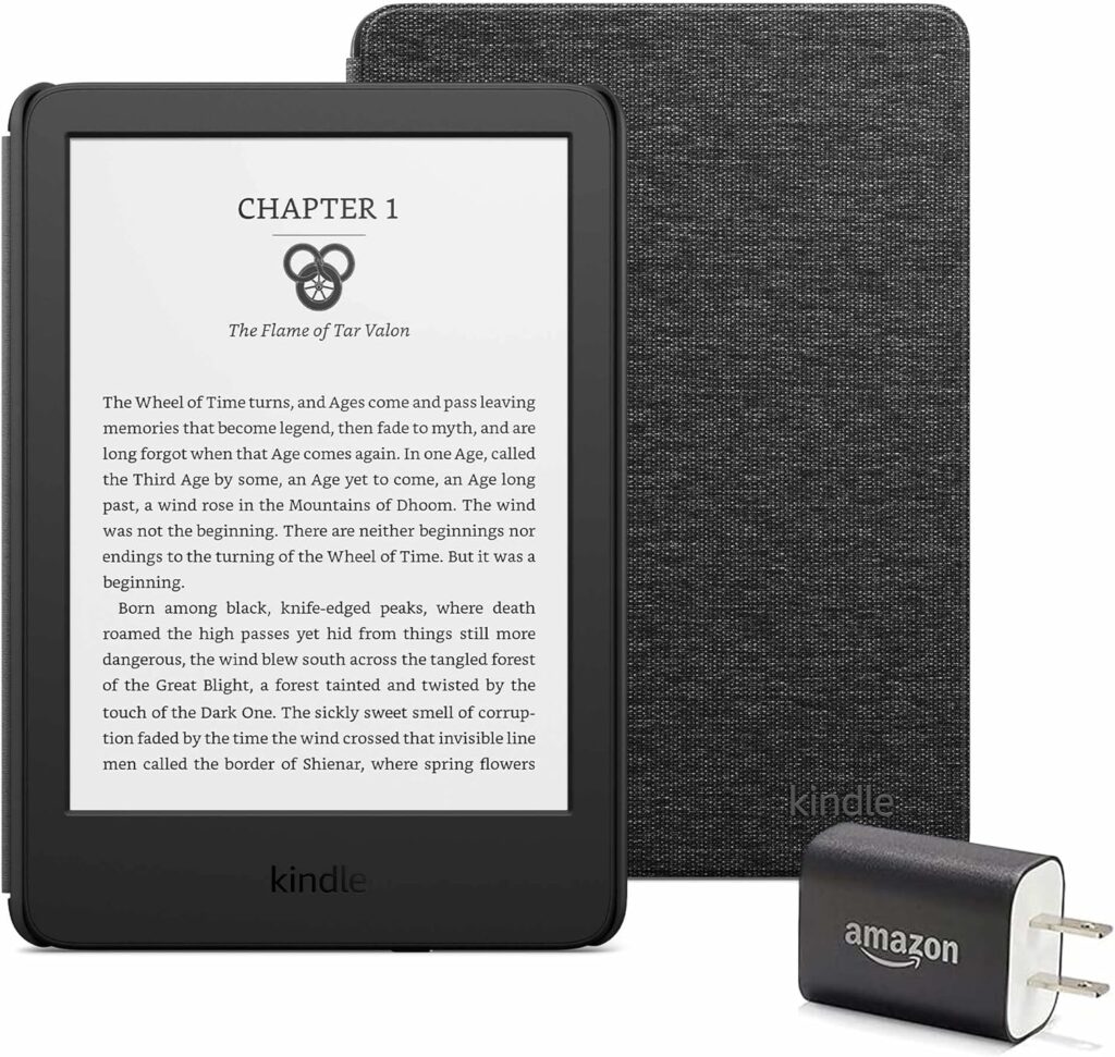 Kindle Essentials Bundle including Kindle (2022 release) - Black, Fabric Cover - Rose, and Power Adapter