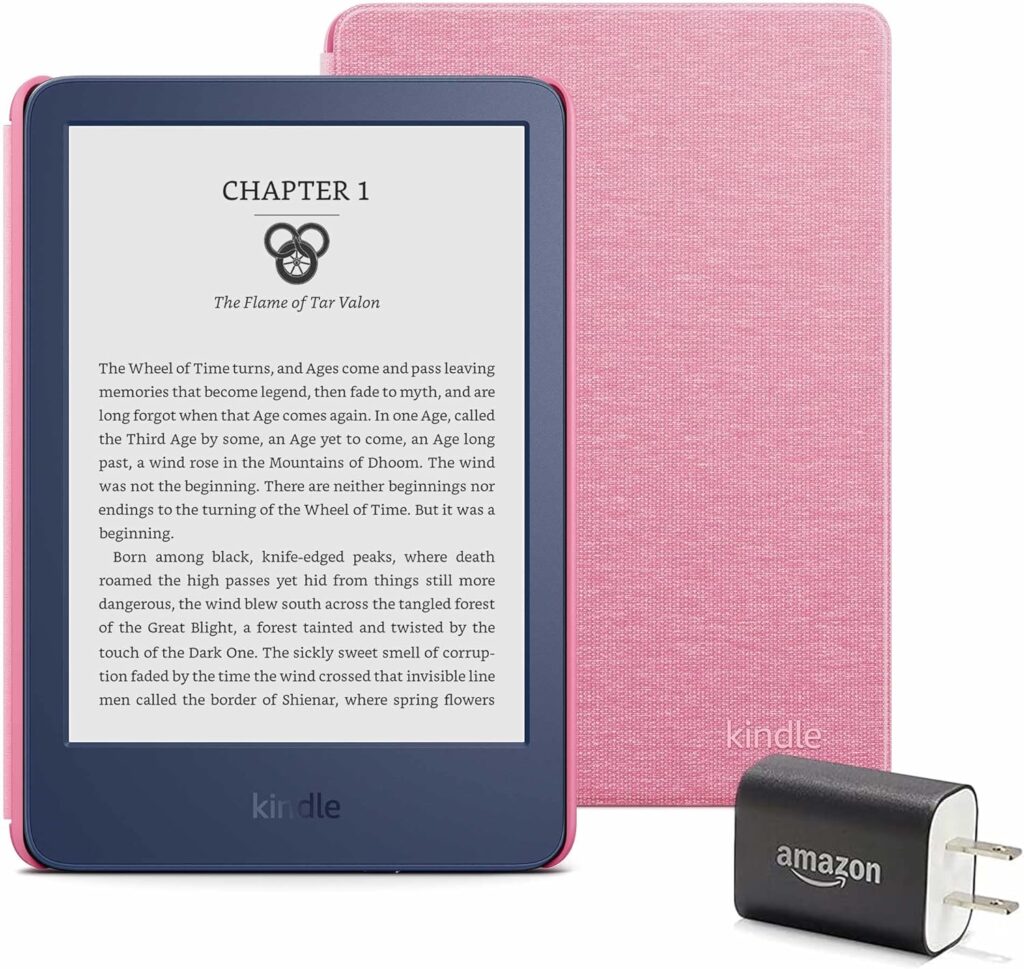 Kindle Essentials Bundle including Kindle (2022 release) - Black, Fabric Cover - Rose, and Power Adapter