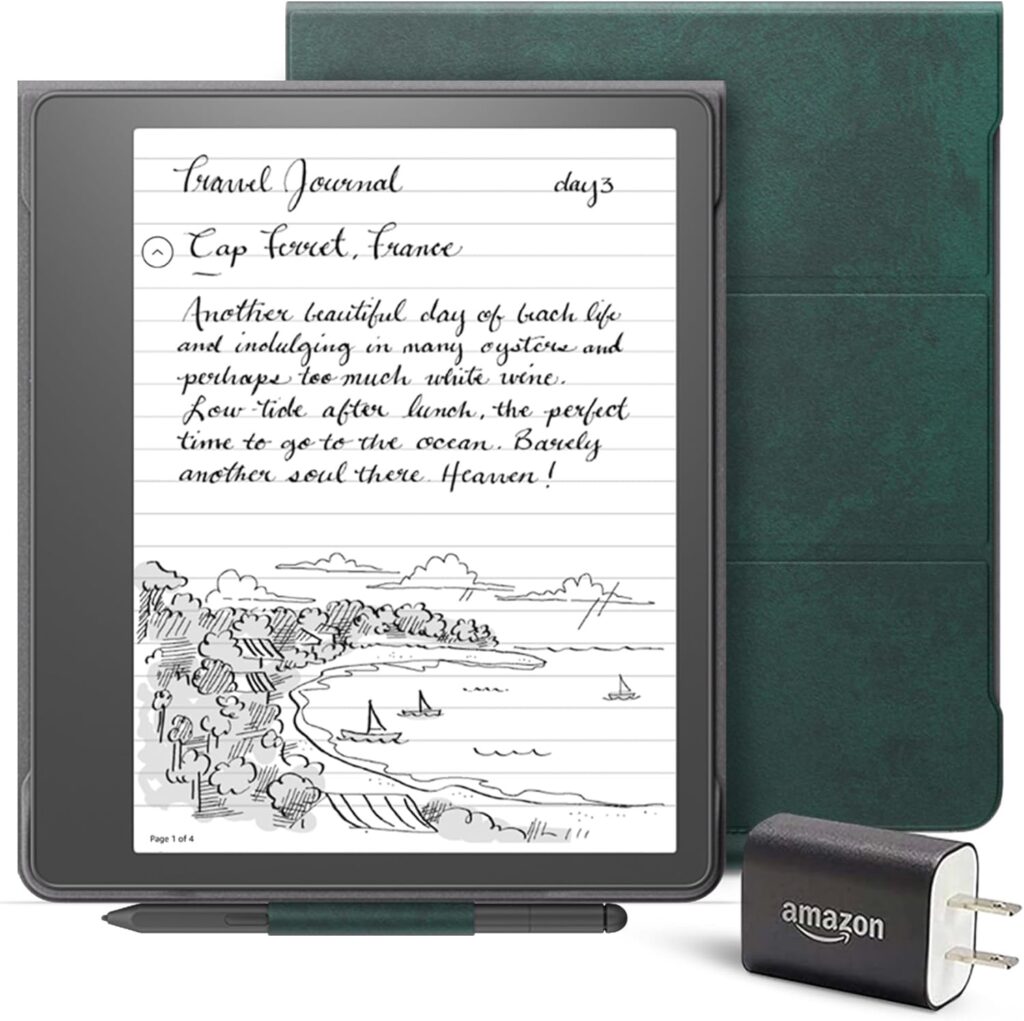 Kindle Scribe Essentials Bundle including Kindle Scribe (64 GB), Premium Pen, Brush Print Leather Folio Cover with Magnetic Attach - Foliage Green, and Power Adapter