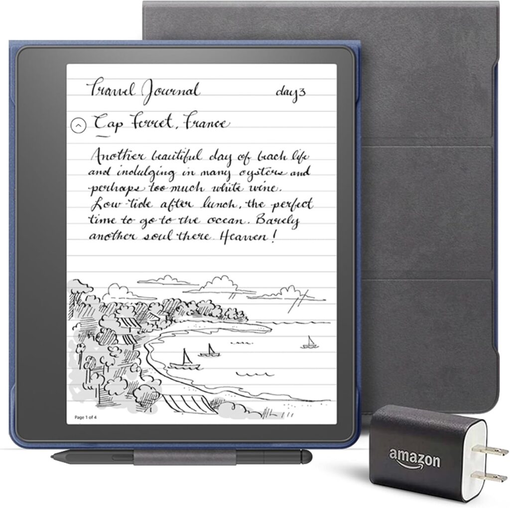 Kindle Scribe Essentials Bundle including Kindle Scribe (64 GB), Premium Pen, Brush Print Leather Folio Cover with Magnetic Attach - Foliage Green, and Power Adapter