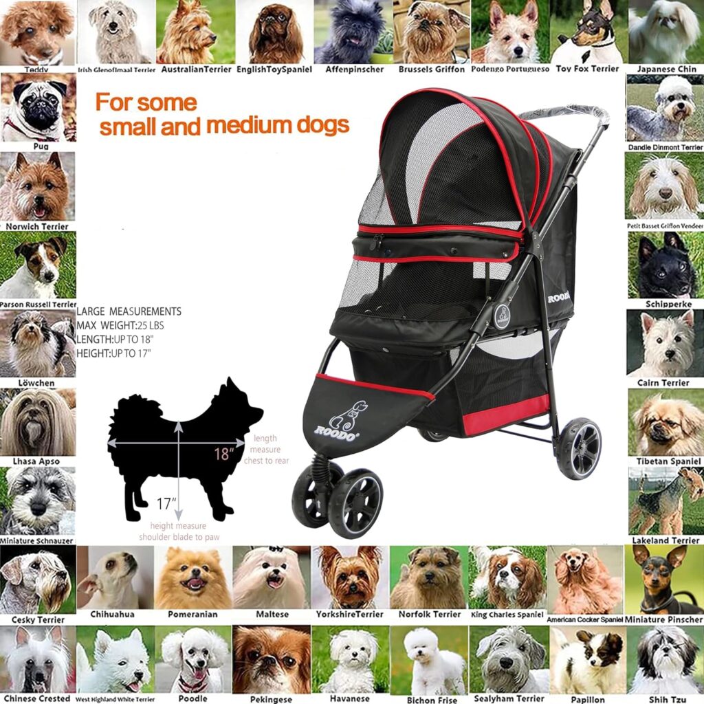 ROODO Escort 3Wheel Dog Stroller Cat Stroller Pet Stroller for Small Dogs and Cats,with Removable Liner Storage Basket and Cup Holder,Lightweight Pet Gear Foldable Jogger Travel System(Grey)