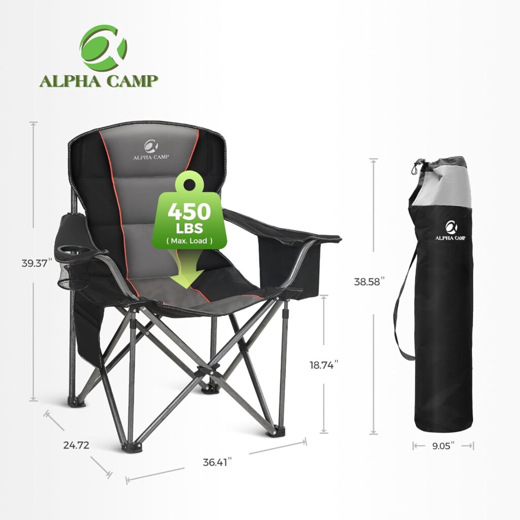 ALPHA CAMP Oversized Camping Folding Chair, Heavy Duty Support 450 LBS Steel Frame Collapsible Padded Arm Chair with Cup Holder Quad Lumbar Back, Portable for Outdoor,Black