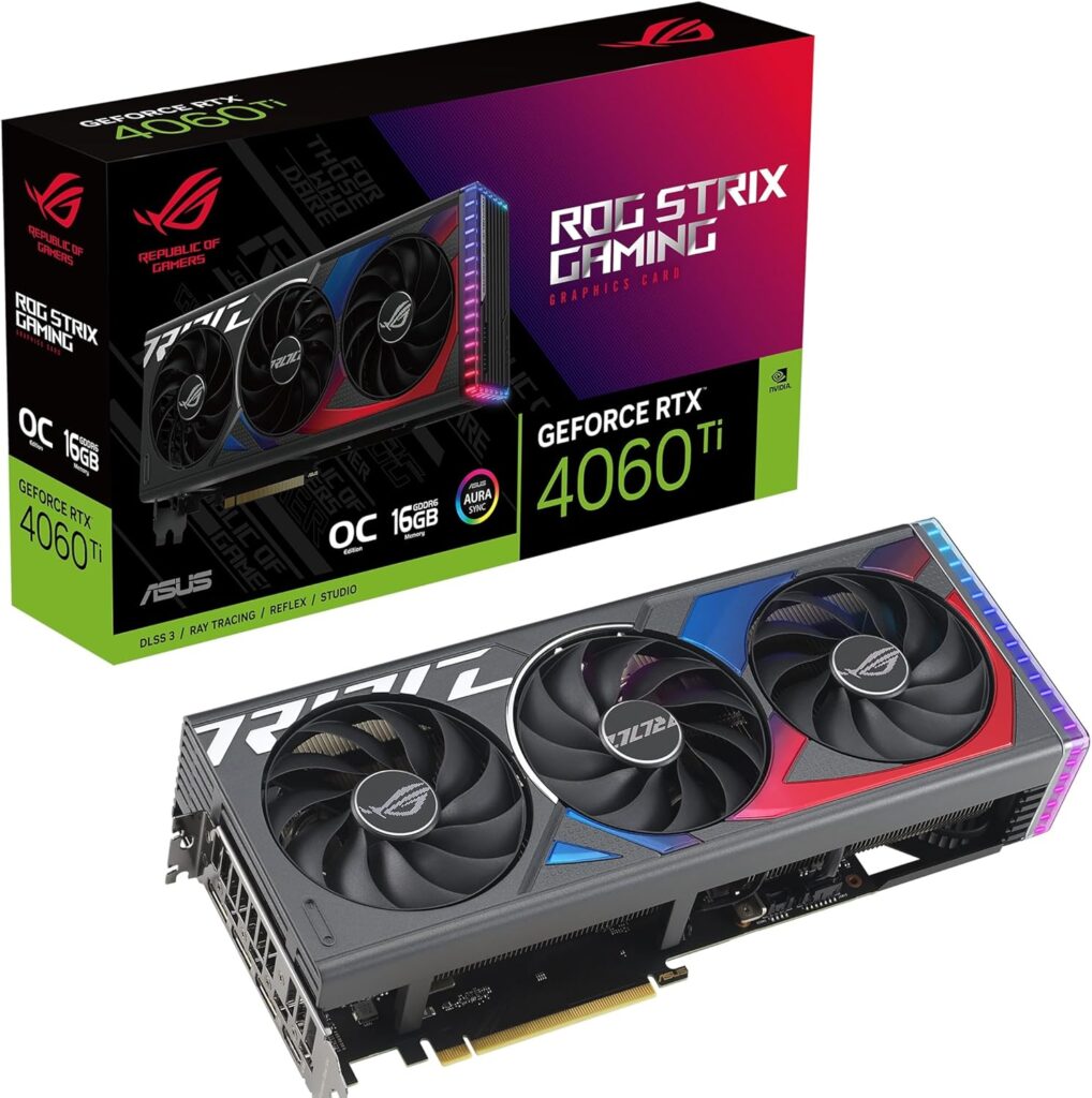 ASUS ROG Strix GeForce RTX™ 4060 Ti OC Edition Gaming Graphics Card (PCIe 4.0, 16GB GDDR6, DLSS 3, HDMI 2.1a, DisplayPort 1.4a, Aura Sync)