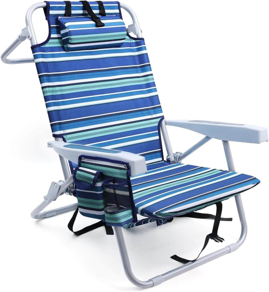 Beach Chairs for Adults Heavy Duty, Compact Portable Lay Flat Folding Beach Chair with Backpack Straps and Large Cooler Pouch, Support to 350LBS (Stripes_bluecyan)