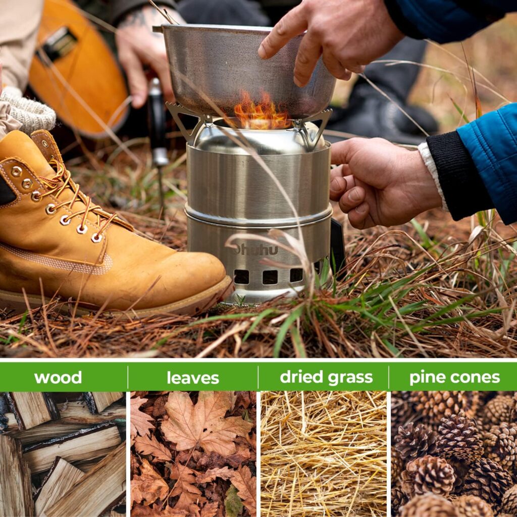 Camping Stove, Ohuhu Camp Stove Wood Burning Stove Stainless Steel Stoves Mini Portable Stove for Camping Picnic BBQ Backpacking Hiking Survival Emergency Cooking Outdoor with Grill Grid Carry Bag