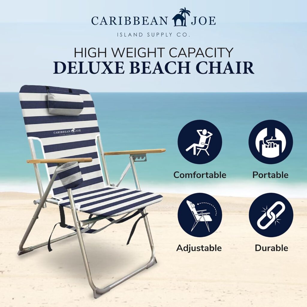 Caribbean Joe Folding Beach Chair, 4 Position Portable Backpack Foldable Camping Chair with Headrest, Cup Holder, and Wooden Armrests