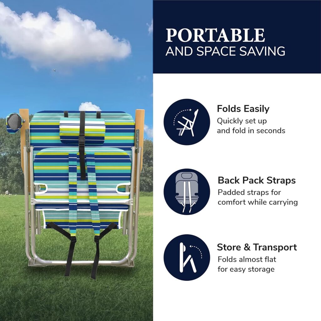 Caribbean Joe Folding Beach Chair, 4 Position Portable Backpack Foldable Camping Chair with Headrest, Cup Holder, and Wooden Armrests