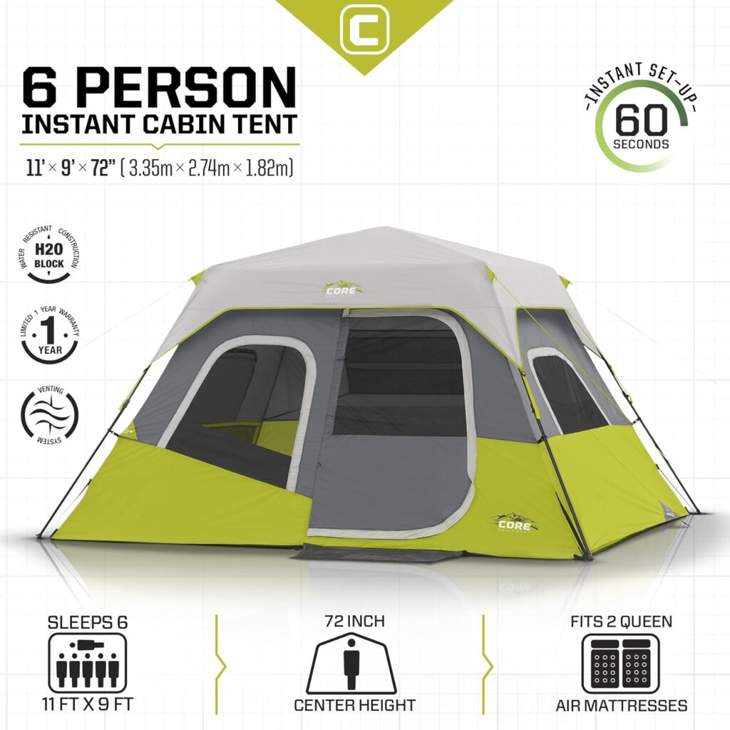 CORE 6 Person Instant Cabin Tent | Portable Large Pop Up Tent with Easy 60 Second Camp Setup for Family Camping | Included Hanging Organizer for Outdoor Camping Accessories