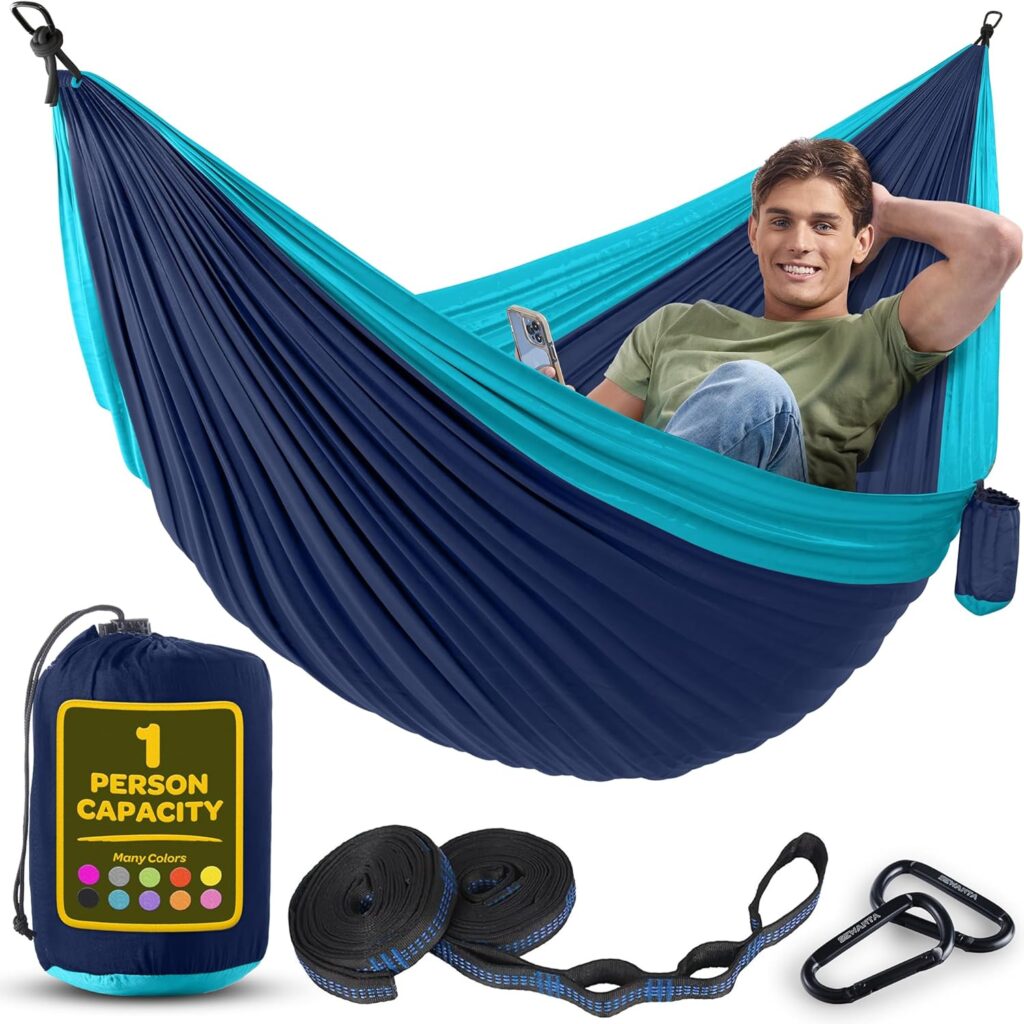 Durable Hammock 400 lb Capacity, Nylon Camping Hammock Chair - Double or Single Sizes w/Tree Straps and Attached Carry Bag - Portable for Travel/Backpacking/Beach/Backyard (Medium, Blue  Light Blue)