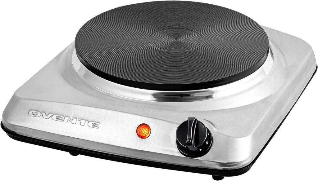 OVENTE Electric Countertop Single Burner, 1000W Cooktop with 7.25 Inch Cast Iron Hot Plate, 5 Level Temperature Control, Compact Cooking Stove and Easy to Clean Stainless Steel Base, Silver BGS101S