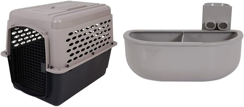 Petmate Vari Dog Kennel 36 and Petmate Double Diner Kennel Bowl, Gray, Small