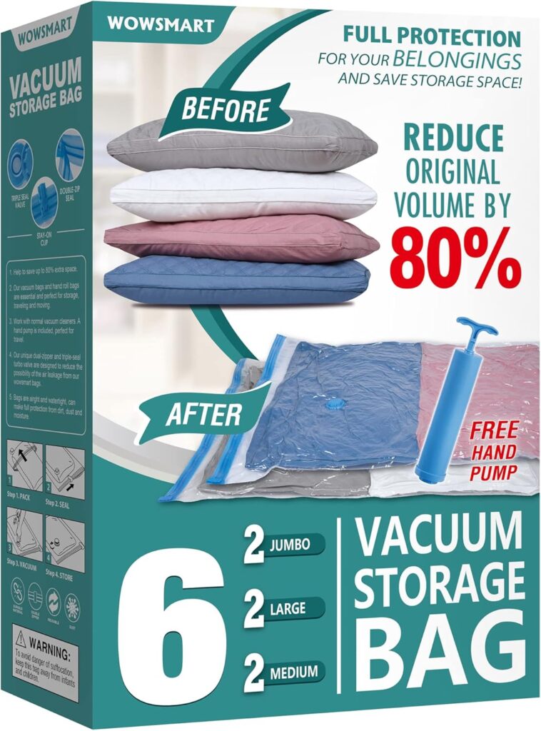 6 Space Saver Vacuum Storage Bags, Vacuum Sealed Storage Bags (2 Jumbo + 2 Large + 2 Medium) with Hand Pump, Vacuum Seal Bags for Clothing, Comforters, Pillows, Towel, Blanket Storage, Bedding