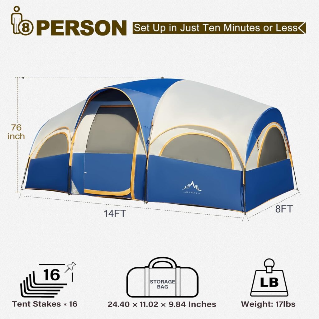 8 Person Tent for Camping, Waterproof Windproof Family Tent with Rainfly, Divided Curtain Design for Privacy Space, Portable with Carry Bag