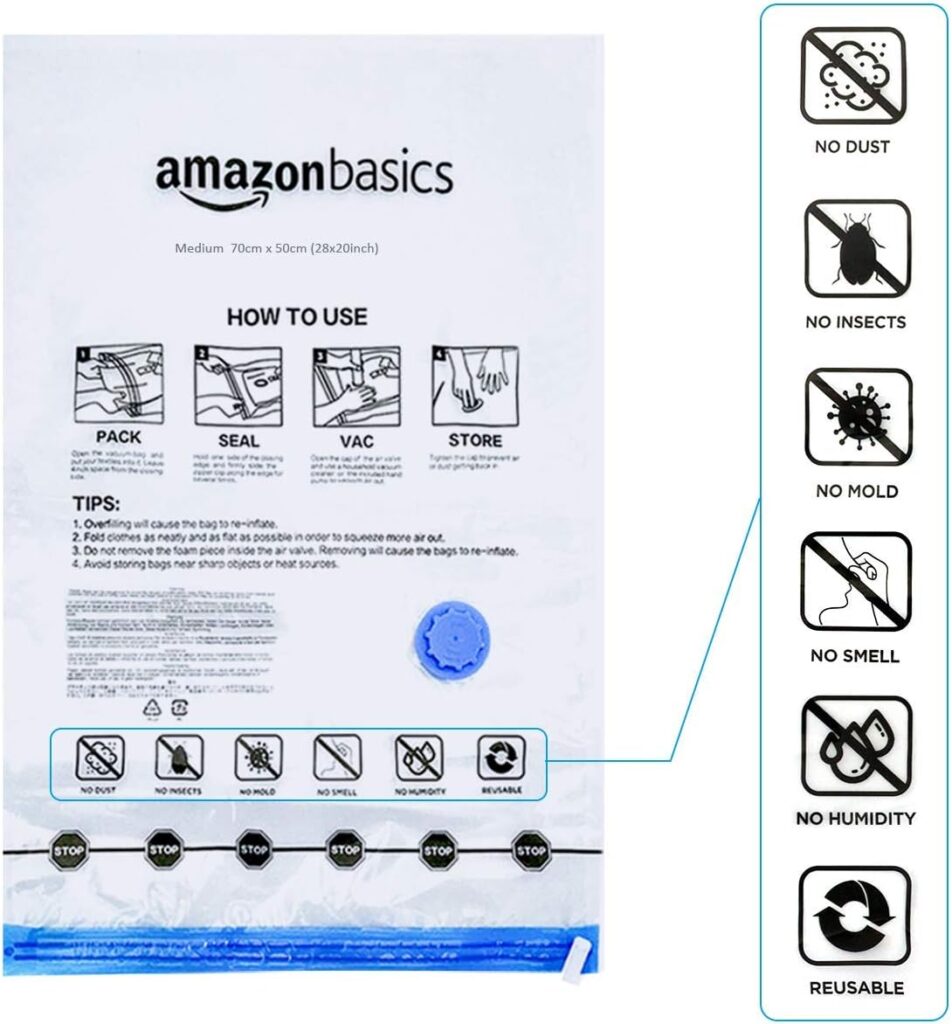 Amazon Basics Vacuum Compression Zipper Storage Bags with Hand Pump, Multiple Pack of 12 (3 Jumbo, 3 Large, 3 Medium, 3 Small), Clear