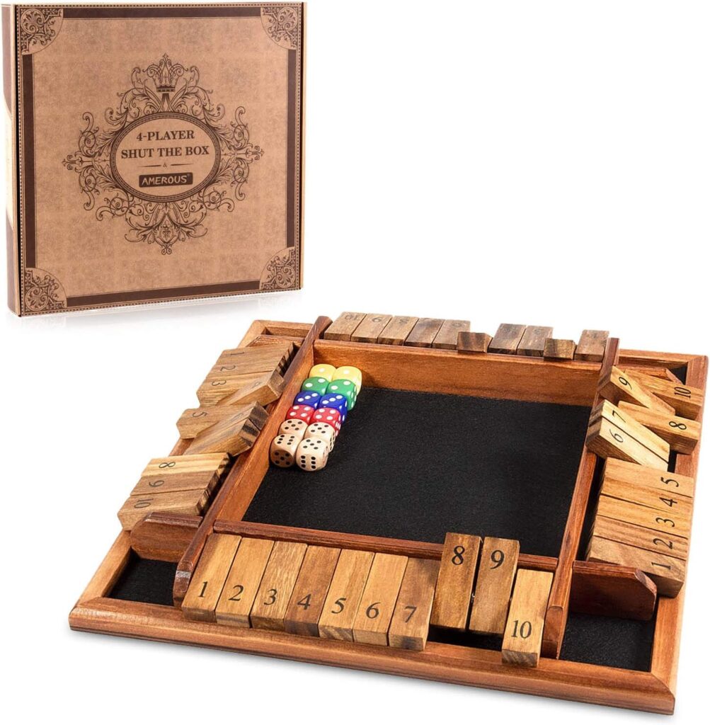 AMEROUS 1-4 Players Shut The Box Dice Game, Wooden Board Table Math Game with 12 Dice and Shut-The-Box Instructions for Kids Adults, Family Classroom Home or Pub (12 Inches)