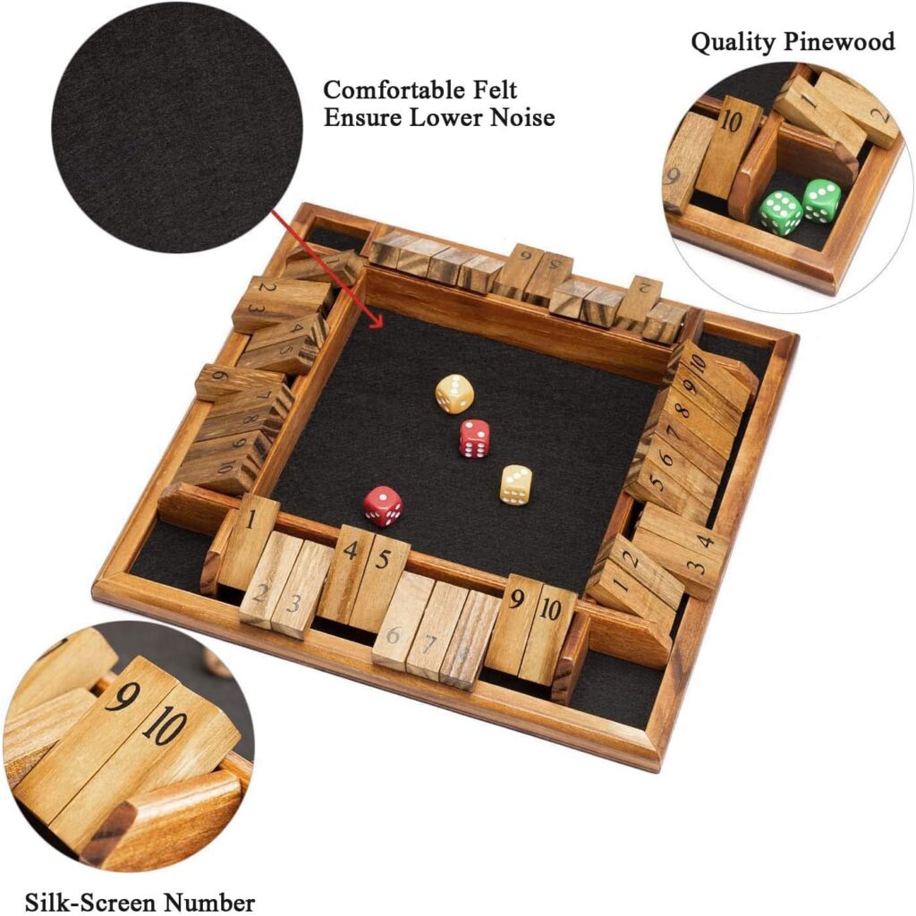 AMEROUS 1-4 Players Shut The Box Dice Game, Wooden Board Table Math Game with 12 Dice and Shut-The-Box Instructions for Kids Adults, Family Classroom Home or Pub (12 Inches)