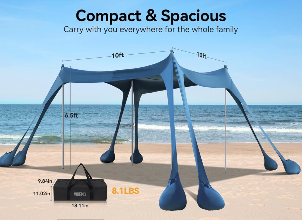 Beach Tent, UPF50+ Protection Sun Shelter with 8 Sandbags, 10 x 10ft, Includes Sand Shovel, Ground Pegs  Stability Poles, Outdoor Beach Canopy Pop Up Sunshade for Camping, Fishing, or Picnics