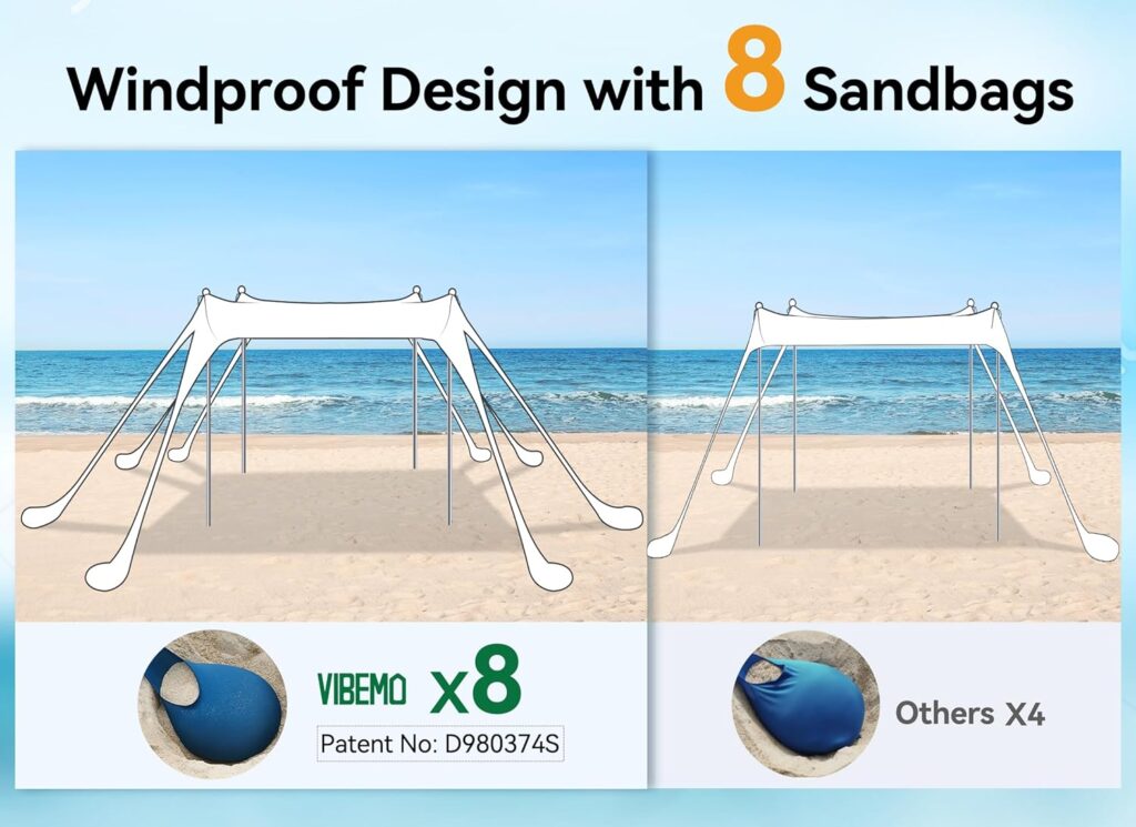 Beach Tent, UPF50+ Protection Sun Shelter with 8 Sandbags, 10 x 10ft, Includes Sand Shovel, Ground Pegs  Stability Poles, Outdoor Beach Canopy Pop Up Sunshade for Camping, Fishing, or Picnics