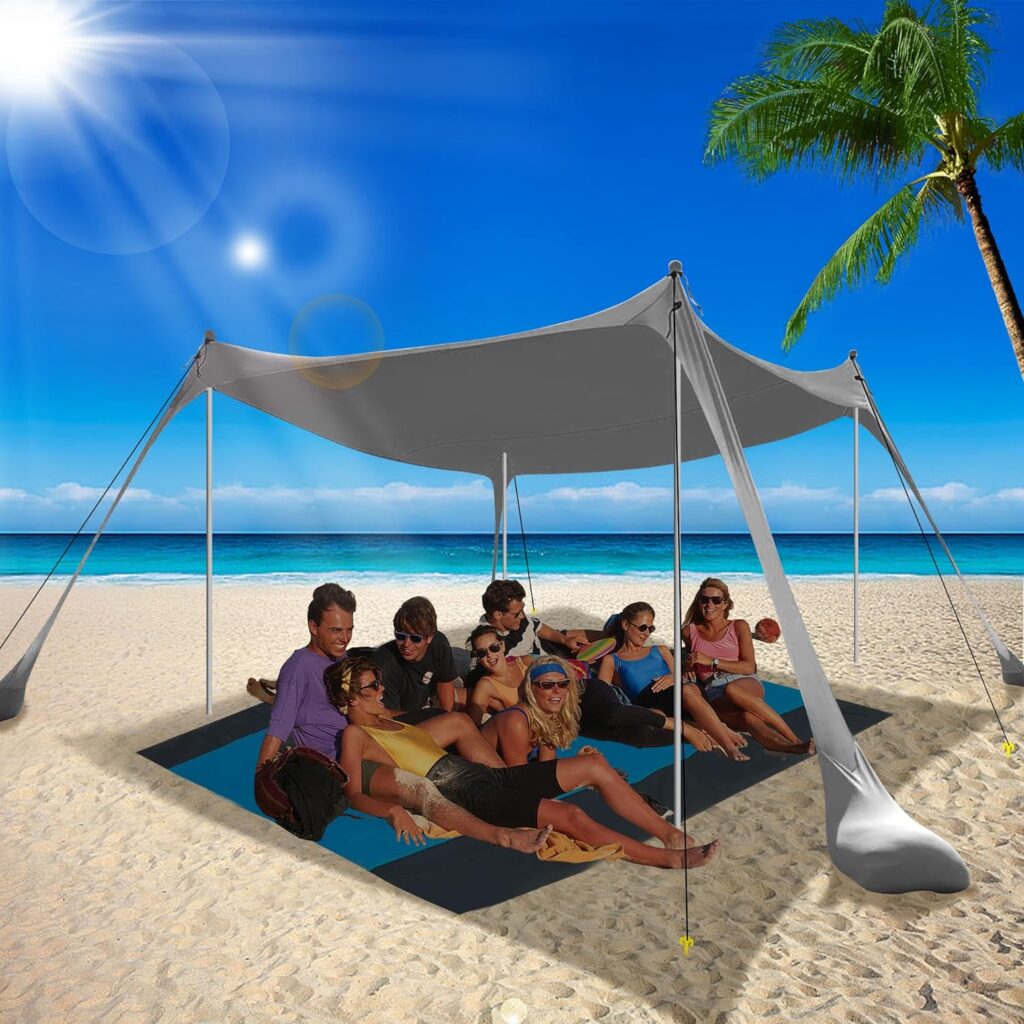 BOTINDO Family Beach Tent Canopy Sun Shade, Pop Up Grande Beach Tent Sun Shelter Stability 4 Poles with Portable Carry Bag Outdoor Shade for Beach Fishing Backyard Camping Picnics