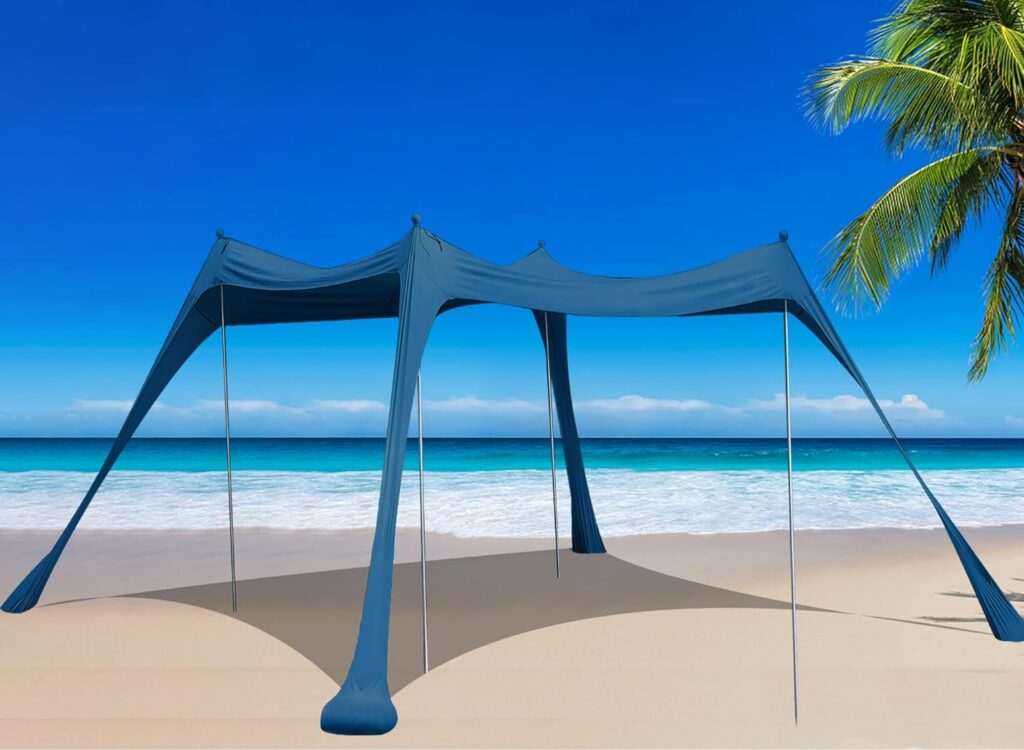 BOTINDO Family Beach Tent Canopy Sun Shade, Pop Up Grande Beach Tent Sun Shelter Stability 4 Poles with Portable Carry Bag Outdoor Shade for Beach Fishing Backyard Camping Picnics