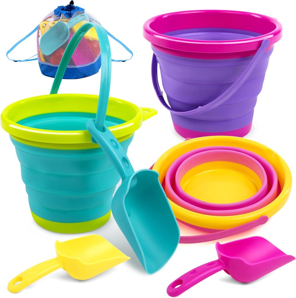 JOYIN Foldable Beach Bucket Set - 3 Packs Collapsible Toy Buckets with Shovels and Mesh Backpack for Kids Toddlers Party, Camping Gear, Travelling, Fishing Water Pail (Pink/Purple/Green)