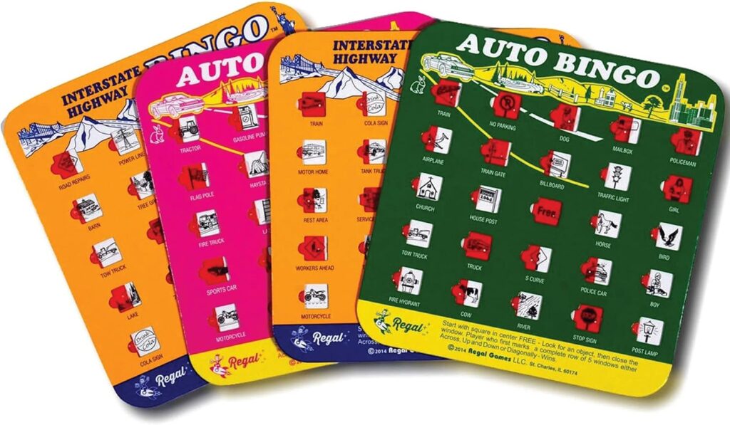 Regal Games Finger-Tip Shutter Bingo Cards with Sliding Windows - Interstate Bingo  Auto Bingo Game - Assorted Colors Travel Bingo Game Set Kids - Reusable, No Chips  Daubers Needed - 4 Packs