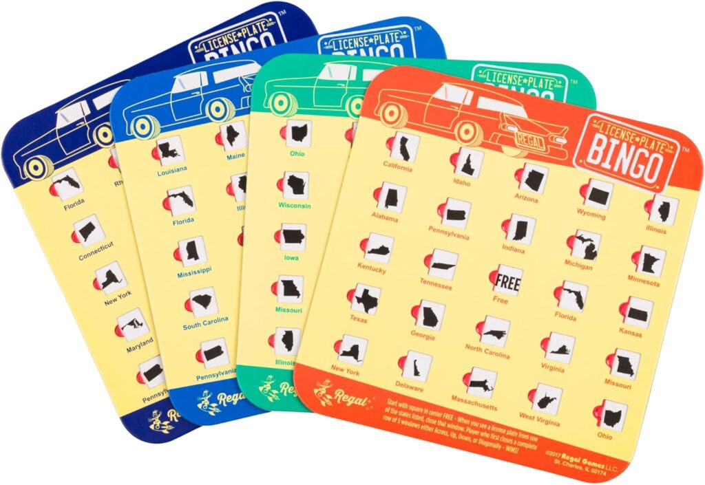 Regal Games Finger-Tip Shutter Bingo Cards with Sliding Windows - Interstate Bingo  Auto Bingo Game - Assorted Colors Travel Bingo Game Set Kids - Reusable, No Chips  Daubers Needed - 4 Packs