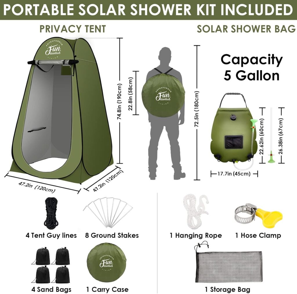 Solar Shower Tent Kit, 2 Pcs, Instant Pop Up Privacy, 5 Gallon Solar Shower Bag, Sun Canopy Beach Outdoor Camp Privacy Tent, Easy Set Up, Foldable