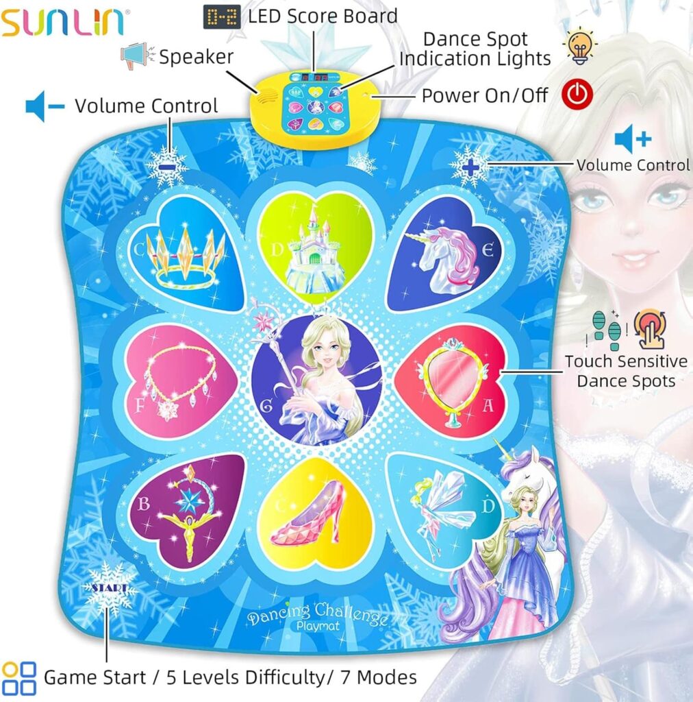 SUNLIN Dance Mat Toys for Girls Ages 3-10 | Dance Pad with LED Lights, Adjustable Volume, 9 Built-in Music, 7 Game Modes, 5 Challenge Levels | Christmas Birthday Gifts for 3 4 5 6 7 8+ Years Old Girl