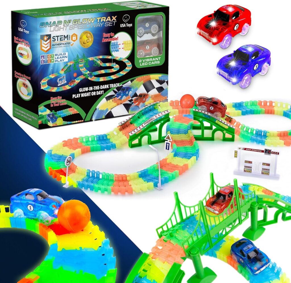 USA Toyz Glow Race Tracks and LED Toy Cars - 360pk Glow in The Dark Bendable Rainbow Race Track Set STEM Building Toys for Boys and Girls with 2 Light Up Toy Cars