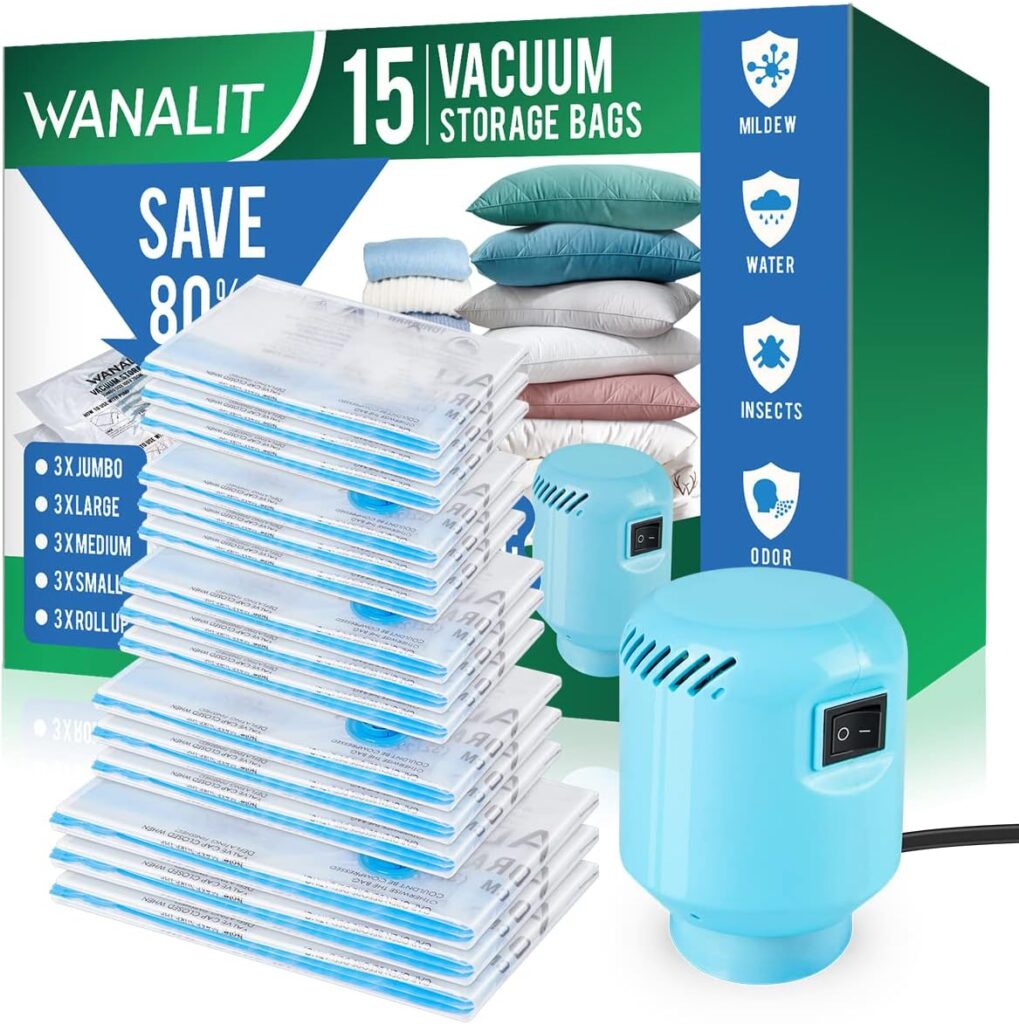 Vacuum Storage Bags with Electric Air Pump, 15 Pack (3 Jumbo, 3 Large, 3 Medium, 3 Small, 3 Roll Up Vacuum Sealer Bags) Space Saver Bag for Clothes, Blanket, Duvets, Pillows, Comforters, Travel