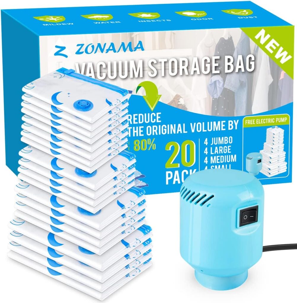 Vacuum Storage Bags with Electric Air Pump, 20 Pack (4 Jumbo, 4 Large, 4 Medium, 4 Small, 4 Roll Up Bags) Space Saving Bag for Clothes, Mattress, Blanket, Duvets, Pillows, Comforters,Travel