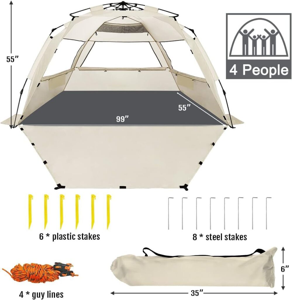 WhiteFang Deluxe XL Pop Up Beach Tent Sun Shade Shelter for 3-4 Person, UV Protection, Extendable Floor with 3 Ventilating Windows Plus Carrying Bag, Stakes, and Guy Lines