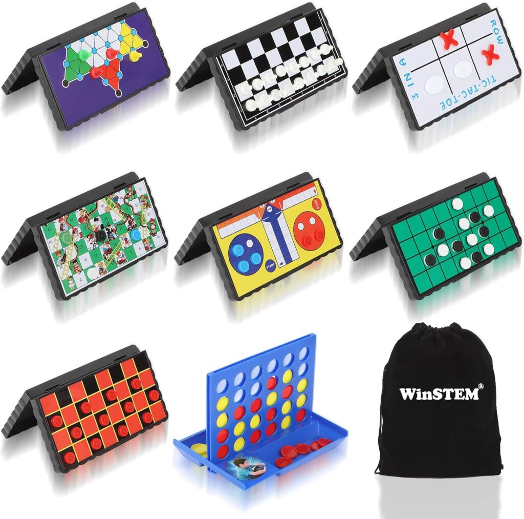 8-in-1 Mini Travel Board Games Set, Magnetic Checkers Game with Folding Magnet Board, 4 in a Row Game, 5.2 Compact Design Ideal for Family/Road Trip/Travel/Camping Party, Included Storage Bag